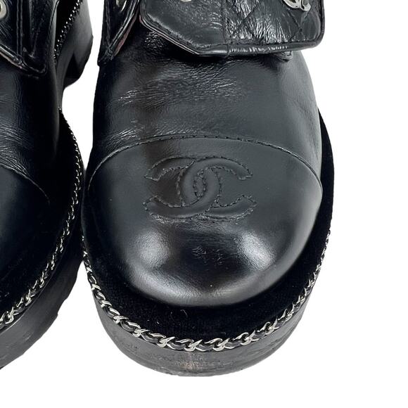 Chanel Crackled Calfskin CC Cap Toe Velvet Pearl Combat Boots in Black - Picture 9 of 16